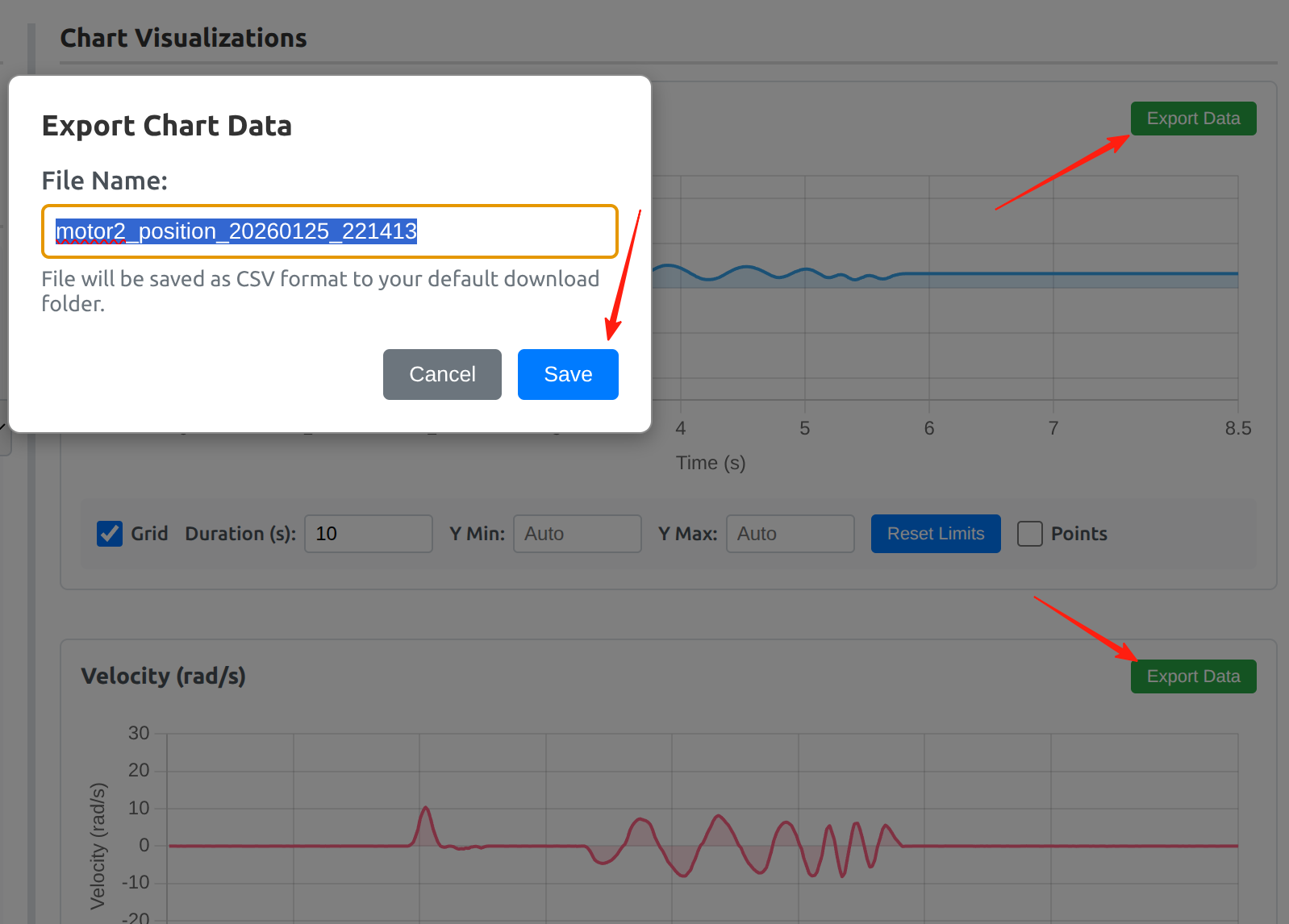 Export Chart Data – file name input and CSV save action