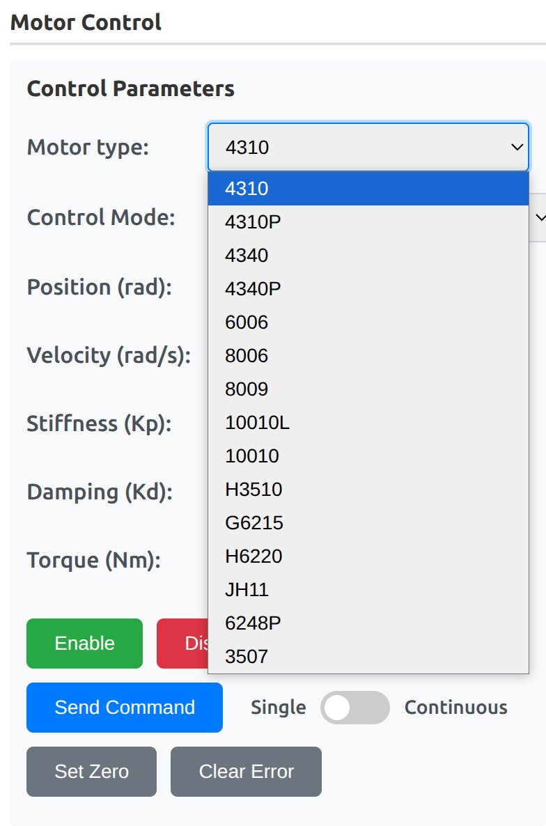 Motor type dropdown – supported motor models (4310, 4340, 6006, …)